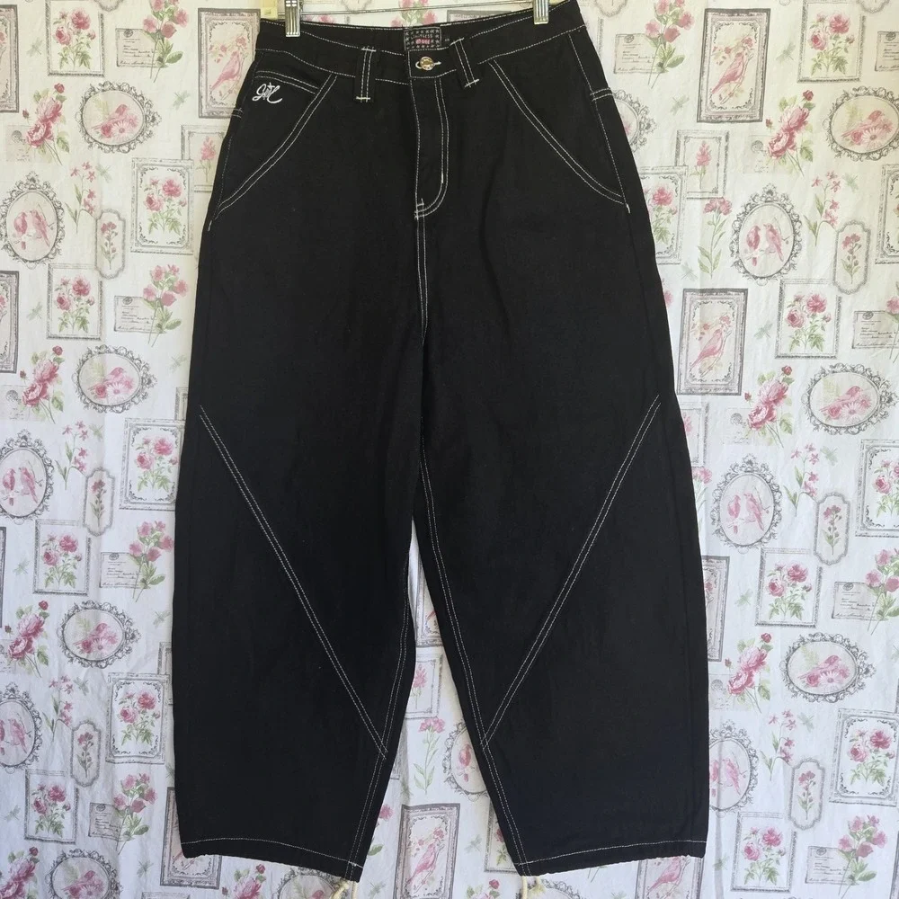 Y2K Black Baggy‎ Jeans Wide Leg Contrast Stitch Embroidered Gone Logo Size Small